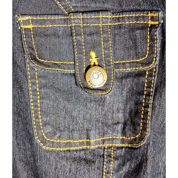 Y2k Denim Cropped Jacket Gold Stitching Ribbed Trim Short Sleeve Moto - Picture 4 of 17